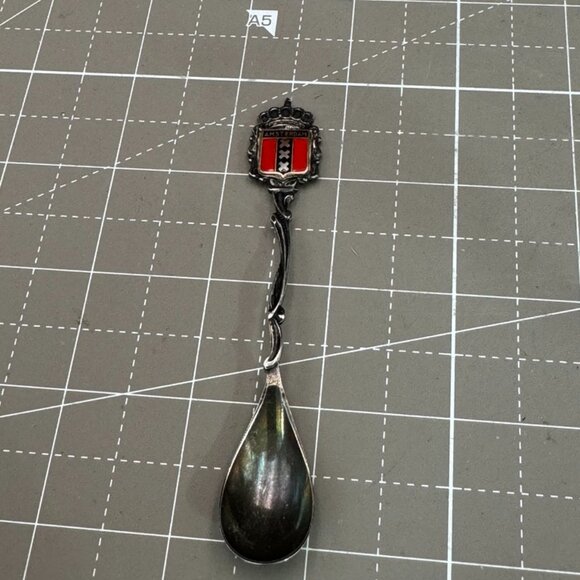 Amsterdam Souvenir Demitasse Spoon 800 Silver With Enamel Coat Of Arms Design - Picture 1 of 7